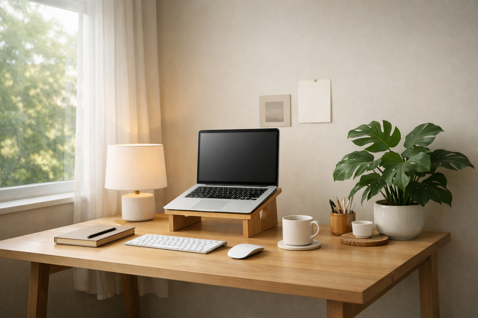 Calm workspace with natural light streaming through window, minimalist desk setup with laptop at proper eye level, green plant on side table, soft indirect lighting, peaceful home office atmosphere, no person visible