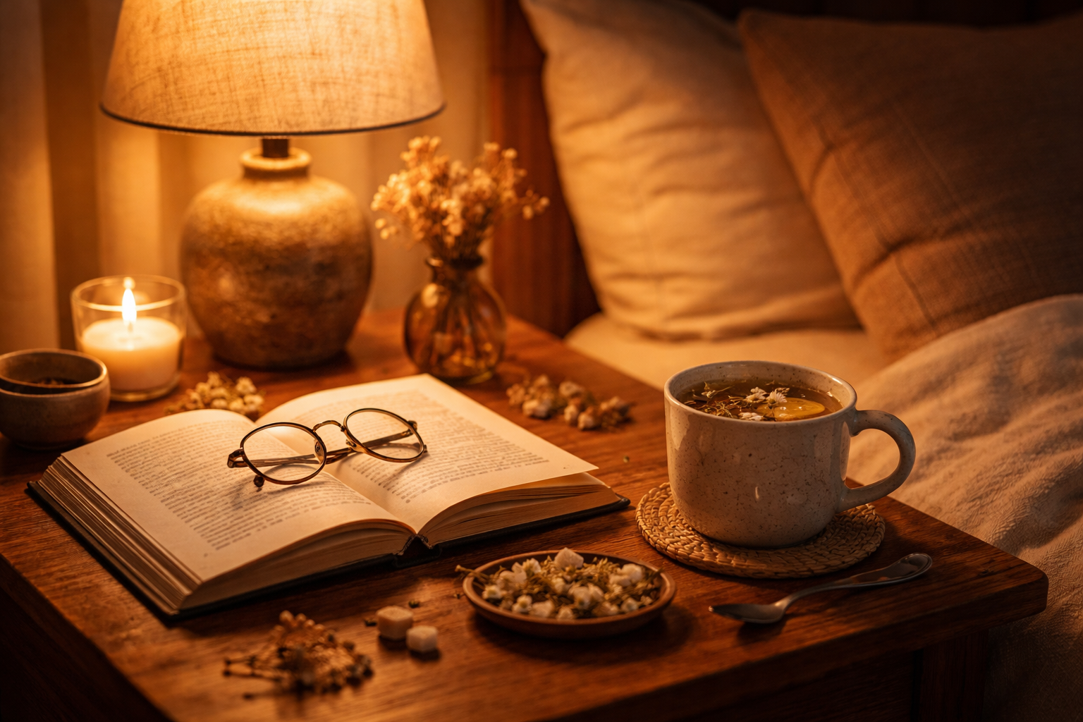 Cozy evening scene with warm ambient lighting, soft table lamp on bedside table, herbal tea cup, open book with reading glasses, dim golden glow creating peaceful relaxing atmosphere, no person visible